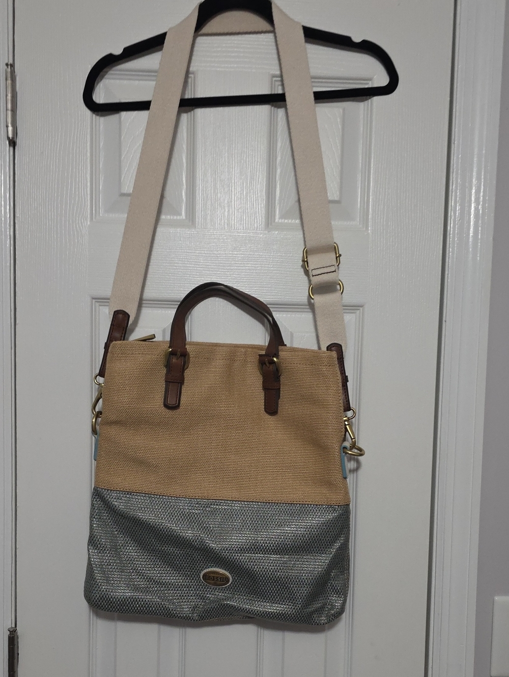 Fossil Two-Tone Tan and Silver Satchel with Cream Strap